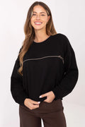 sweatshirt femme oversize noir col rond manches longues coupe boxy épaules tombantes molletonné coton polyester broderie