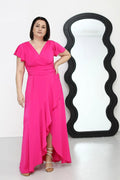 Robe longue élégante pour femme en tissu léger rose vif décolleté en V manches courtes taille cintrée occasion spéciale
