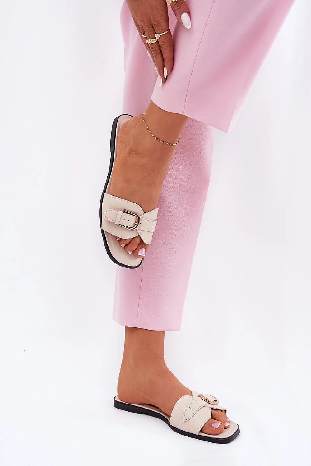 Mules femmes style élégant cuir écologique talon plat boucle dorée été robe jupe pantalon tissu