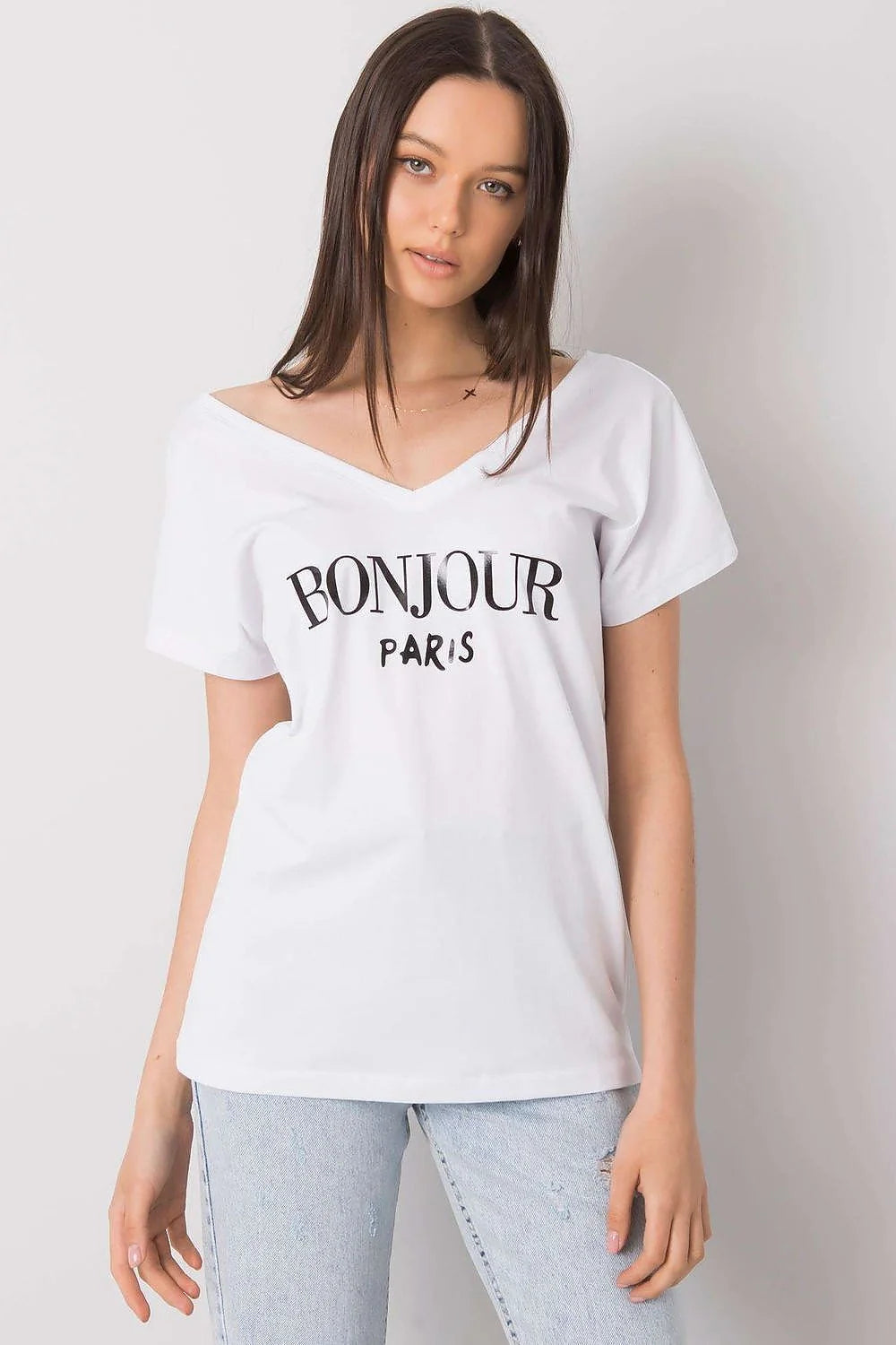 T-shirt femme style parisien rouge vif col V manches courtes coupe droite 100% coton 'BONJOUR PARIS'