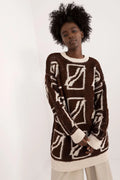 pull femme oversize long tunique maille épaisse marron écru motif géométrique carré col rond finitions bordcôtes manches longues coupe loose