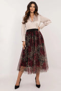 Jupe longue en tulle transparente avec motif léopard et fleurs, chemise satinée beige clair, tenue élégante pour femmes, occasionnels formels et décontractés