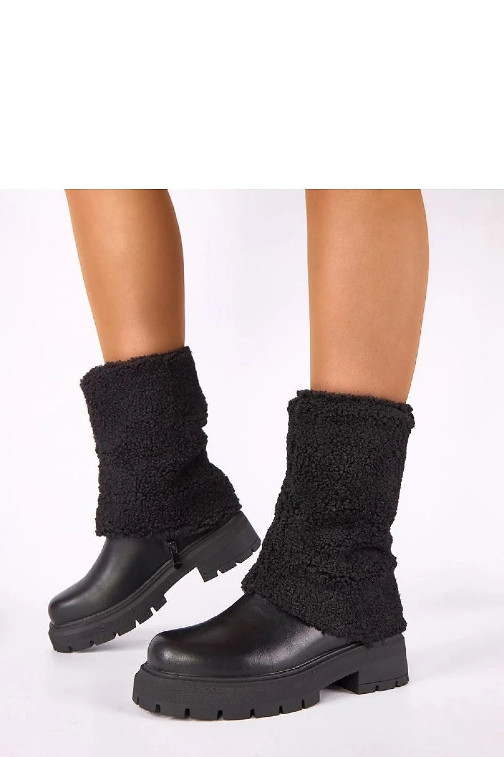 bottines femme noires mi mollet chunky hivernal tige sherpa bouclée empeigne lisse semelle plateforme crampons talon bloc bas confort ajusté