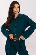 combinaison velours côtelé bleu canard coupe ample décontractée tombé structuré col classique manches longues fermeture boutonnée taille élastiquée