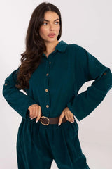 combinaison velours côtelé bleu canard coupe ample décontractée tombé structuré col classique manches longues fermeture boutonnée taille élastiquée