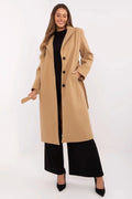 Manteau élégant pour femme en laine couleur camel longueur droite épaulettes structurées boutons contrastants manches longues doublure polyester occasionnels professionnels et décontractés