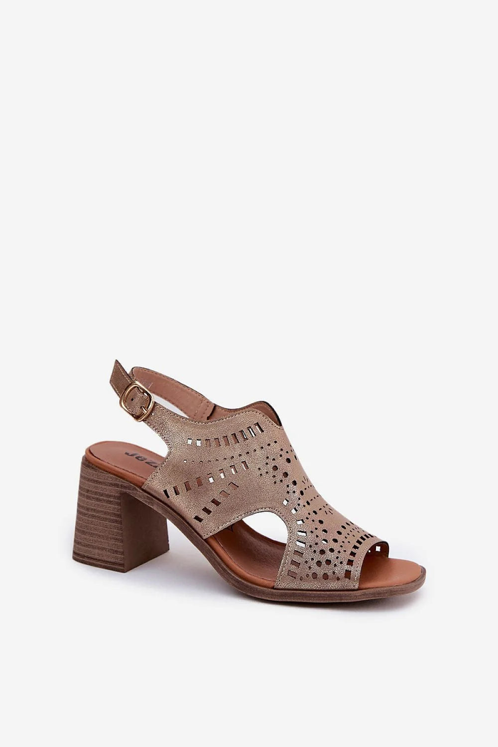 Sandales à talons Jezzi élégantes design moderne femmes talon bloc 7.5 cm cuir artificiel doré motifs laser gravés pieds nus confort summer shoes