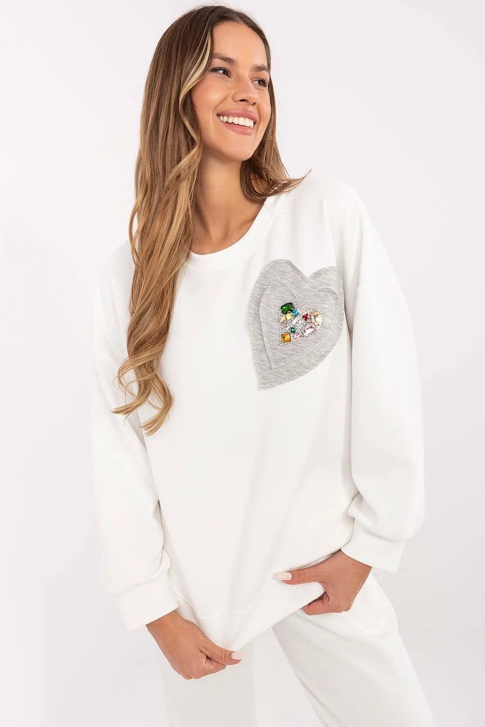 Sweatshirt moderne élégant pour femme blanc col rond manches longues motif cœur perlé polyester viscose élasthanne confort haute qualité