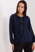 chemisier élégant longueur tissu lisse volant vertical perlé perles encolure ronde manches longues enfilage facile polyester viscose elasthanne confortable polyvalent
