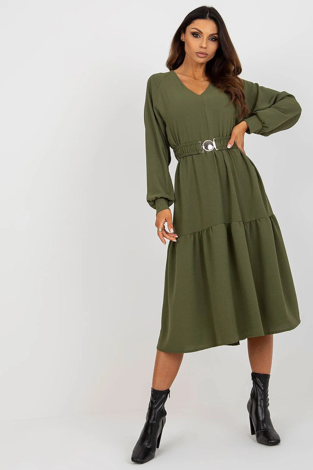 Robe casual femme marron camel V-neck ruffles ceinture longues manches amples coupe fluide mode élégante