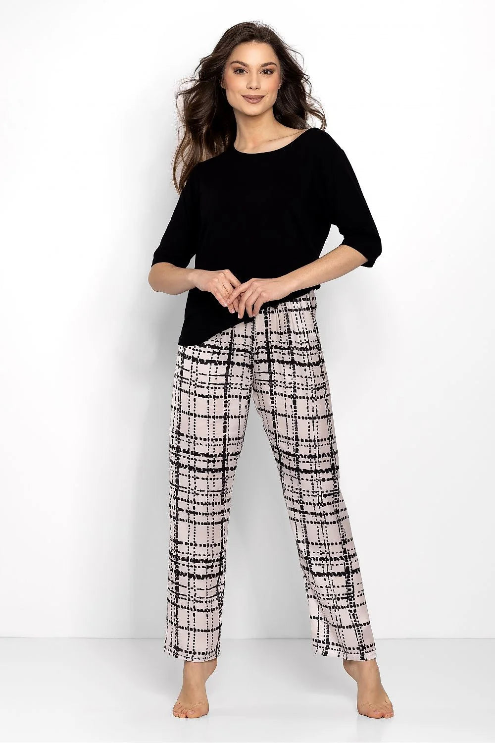 Pyjama élégant pour femme en viscose et satin, manches 3/4, taille élastiquée, pantalon à motifs, idéal pour détente et cadeau