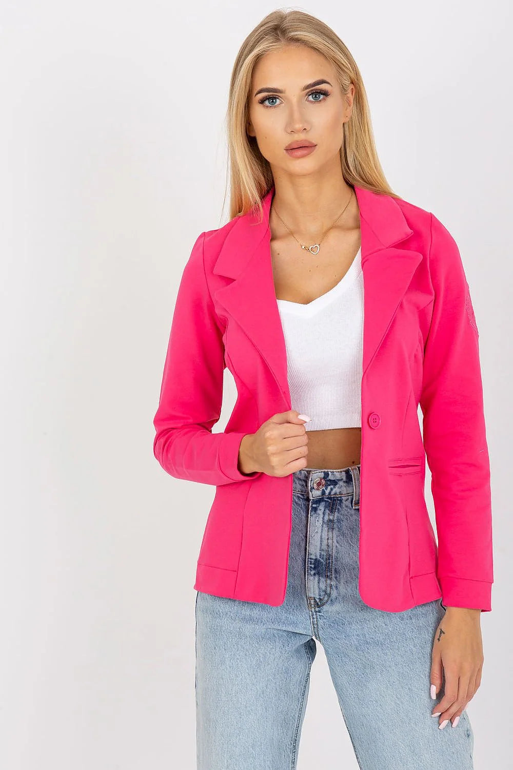 Blazer femme moderne élégant rose vif manches longues col cranté bouton unique épaules structurées polyester élasthanne taille ajustable