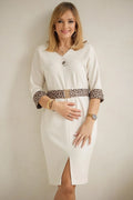 Robe féminine élégante en jacquard crème pour femmes matures, manches 3/4, ceinture dorée, taille ajustable, confortable, grande taille