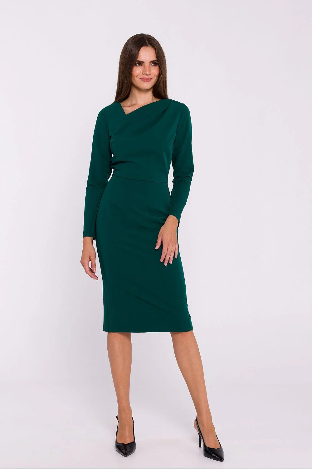 Robe élégante pour femme vert émeraude robe fourreau ajustée manches longues encolure asymétrique dos fendu polyester élasthanne