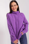 pull manches longues col roulé oversize maille épaisse torsades verticales losanges violet vif ample confortable chaud