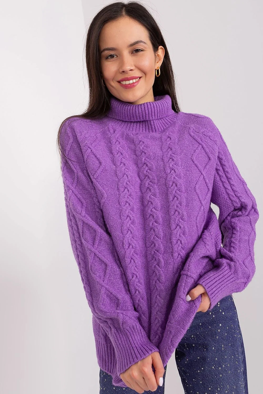 pull manches longues col roulé oversize maille épaisse torsades verticales losanges violet vif ample confortable chaud