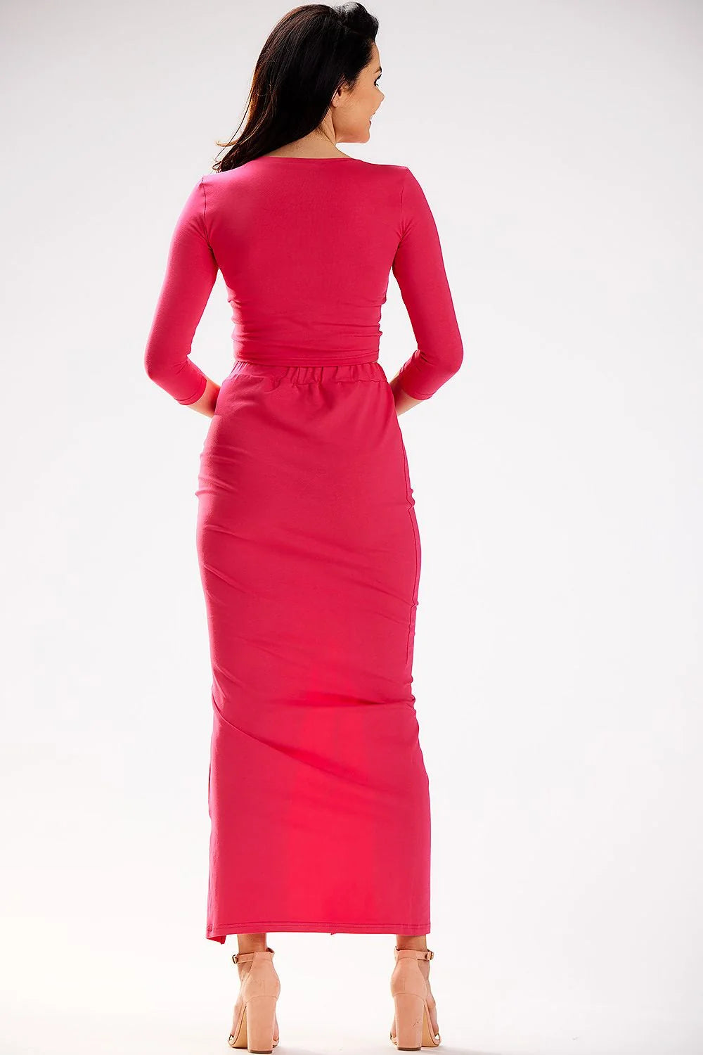 Jupe longue Infinite You maille douce rose vif fente latérale crop top manches trois-quarts ajustable femmes soirée élégante