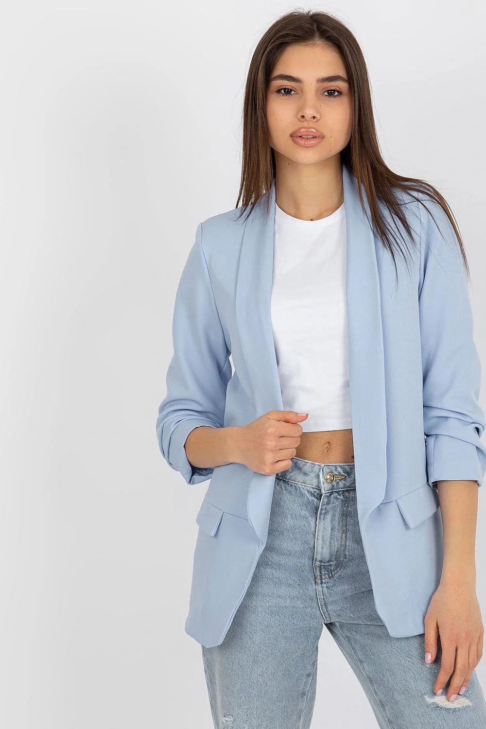 Veste blazer femme chic style italien polyester 95% elasthanne 5% bleu ciel coupe droite col revers poches à rabat décontractée occasionnels