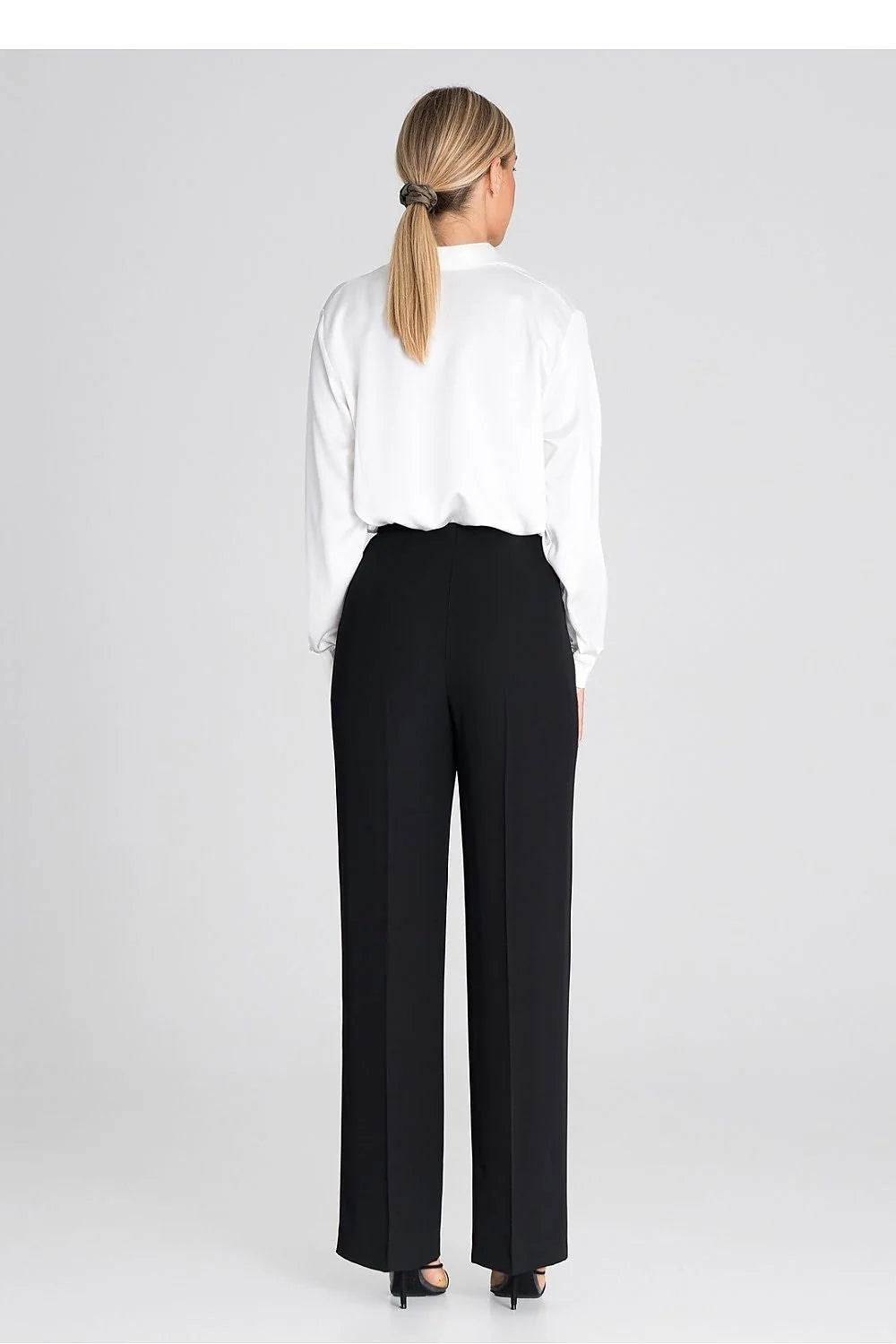 Ensemble femme chemise blouse blanche pantalon Figl noir tissu coton laine occasion formelle taille haute coupe droite style élégant