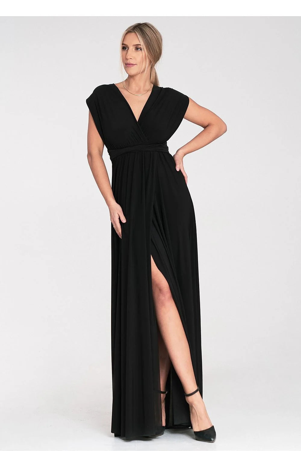 Robe longue élégante sans manches couleur noire décolleté V fente épaules nues polyester elasthanne soirée mariage