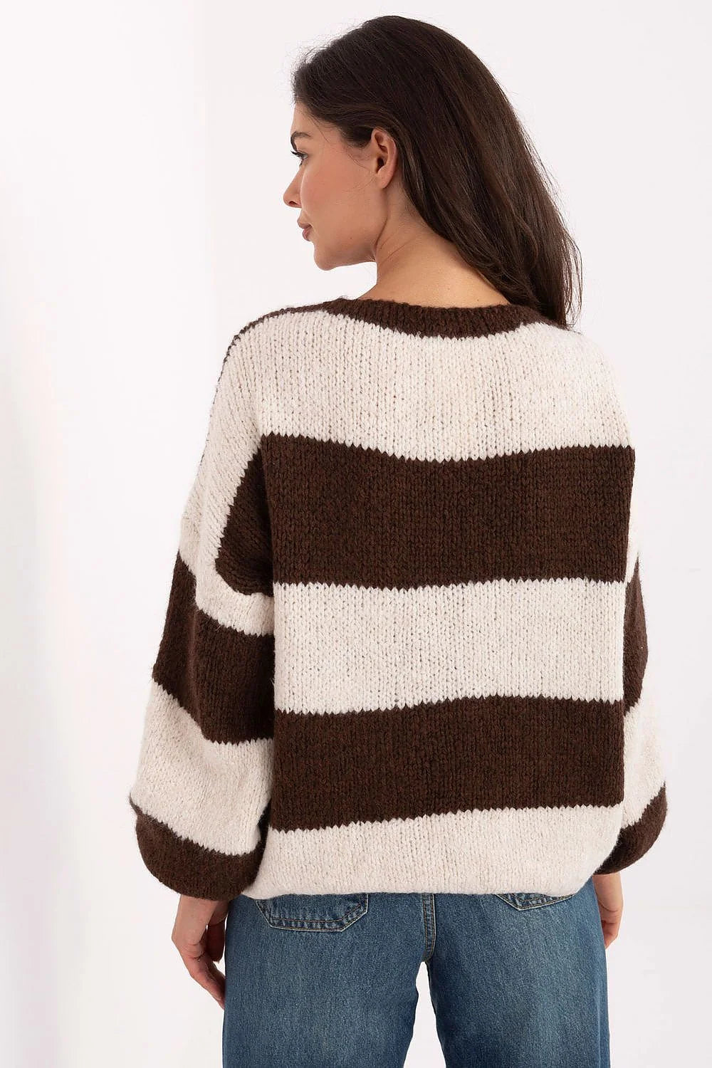 cardigan femme oversized larges rayures marron écru maille chenille épaisse moelleuse manches ballon col V profond cordons noués