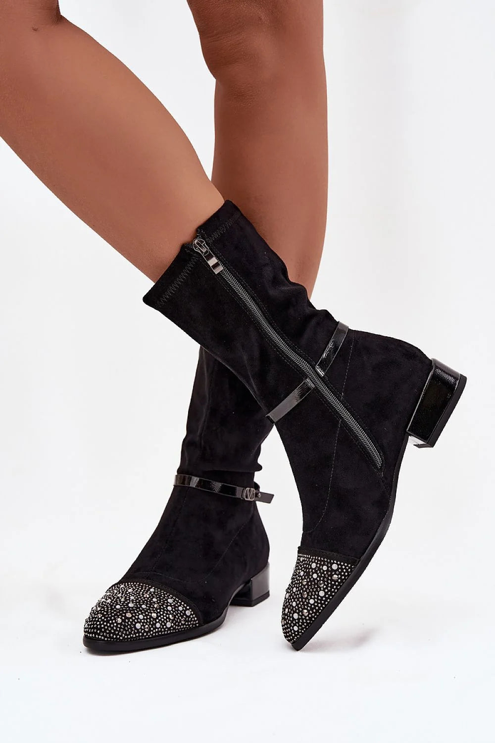 bottes femme suédine écologique mimollet talon bas confortables doublure chaude bout pointu strass clous multiformats scintillant sangle vernie
