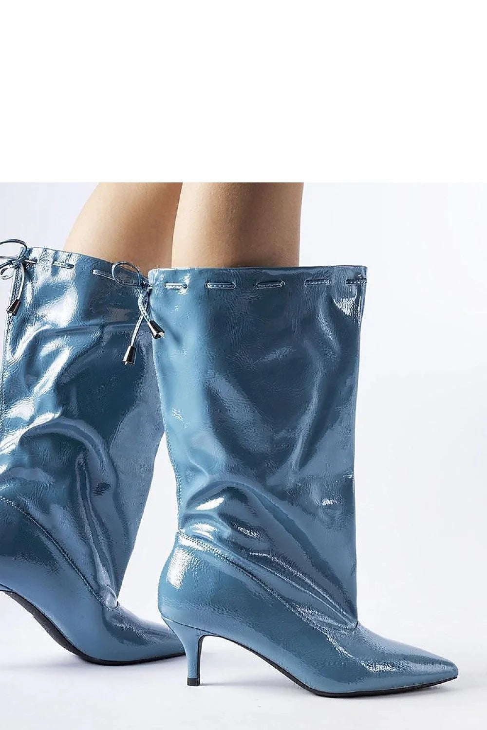 bottes bleu ciel talons bas kitten mi mollet verni similicuir écologique doublure chaude facile enfiler pointu