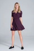 Robe élégante femme maille côtelée chic violet profond manches courtes taille élastique jupe évasée