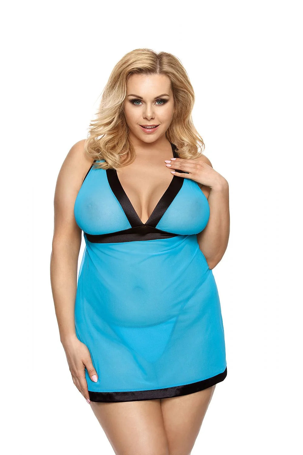 Nuisette satin turquoise évasée sexy ajustée dos nu bretelles larges grandes tailles élégante femmes