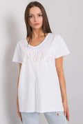 T-shirt femme manches courtes encolure V inscription décorative coton 100% style moderne élégant look décontracté occasion estivale versatile
