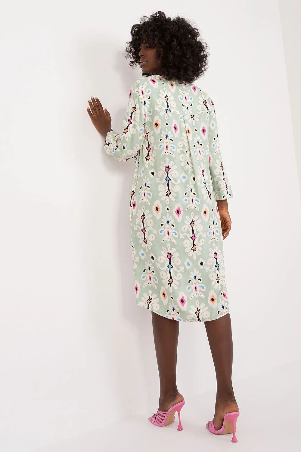 robe femme décontractée élégante imprimé ethnique ikat vert menthe multicolore coupe ample manches troisquarts encolure V poches viscose fluide légère