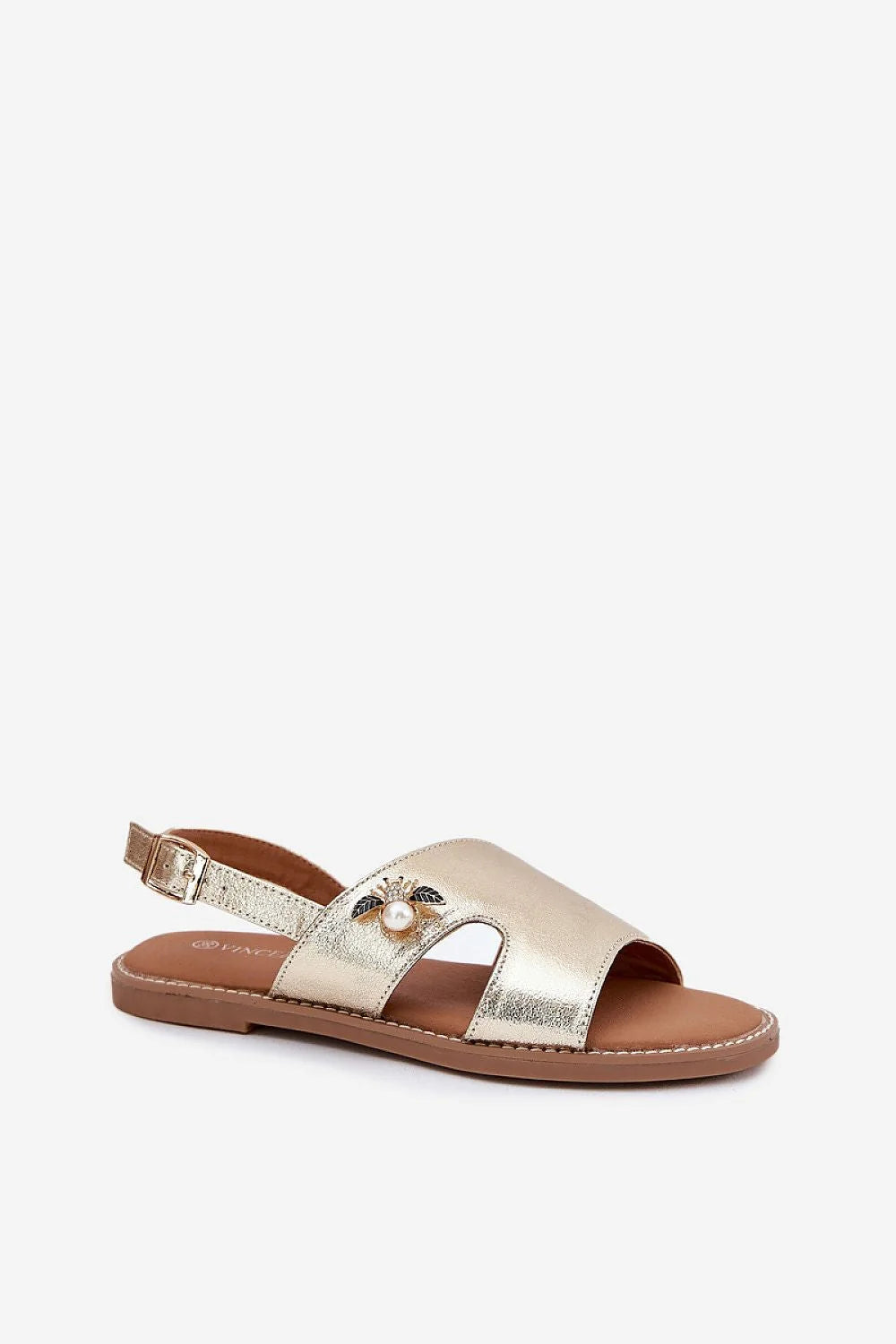 sandales femme plates slingback simili cuir métallisé doré bout ouvert large bride avant boucle réglable semelle coussinée perle chic confortable