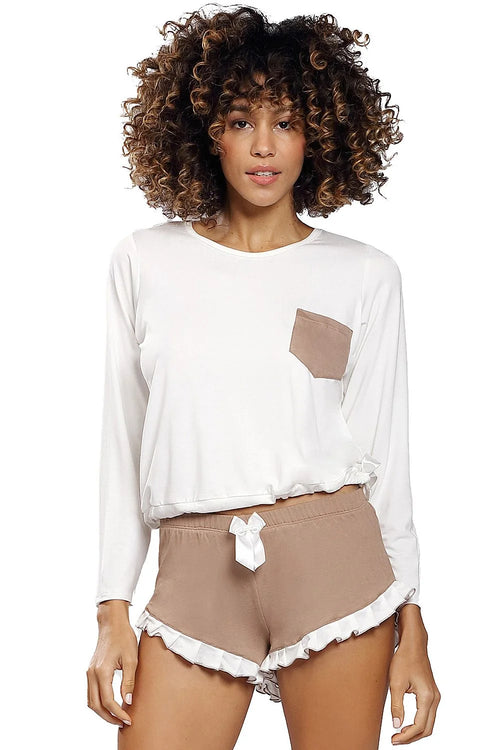 Ensemble viscose blanc taupe chemisier longues manches coupe relax short volants ruban silhouette simple soirée romantique nuit apaisante