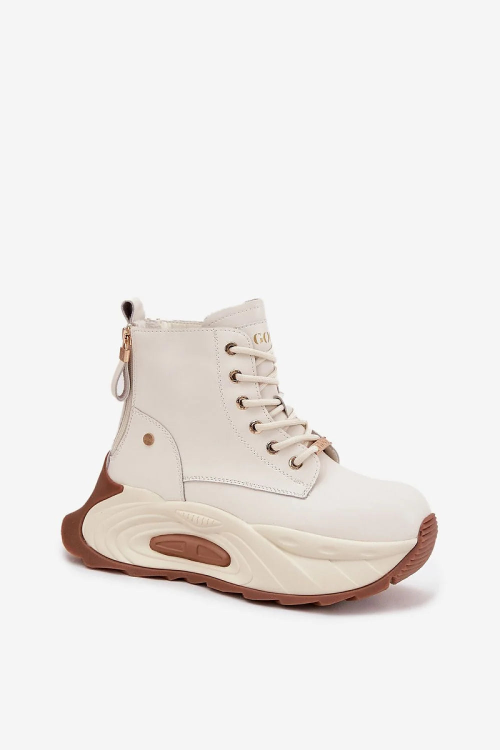 GOE bottines montantes femme cuir naturel beige crème lacets œillets dorés zip arrière plateforme compensée sculptée semelle gomme brun