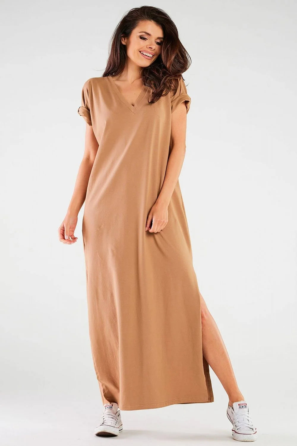 Robe de jour Infinite You longue col V manches courtes slits latéraux coton Lycra confortable élégance femme mode casual-chic