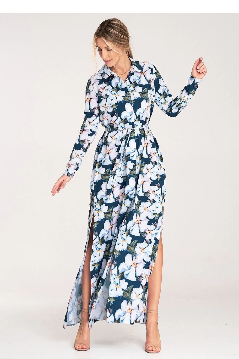Robe longue élégante pour femme avec motif floral bleu marine fleurs blanches manches longues ceinture taille fente côté