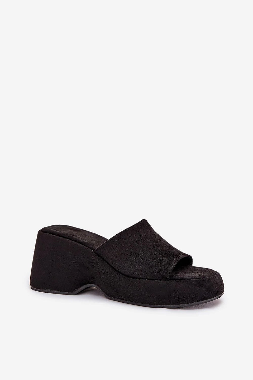 Mules femmes design moderne minimaliste talon compensé 8.5 cm cuir suédé écologique noire semelle épaisse ouverteorteils