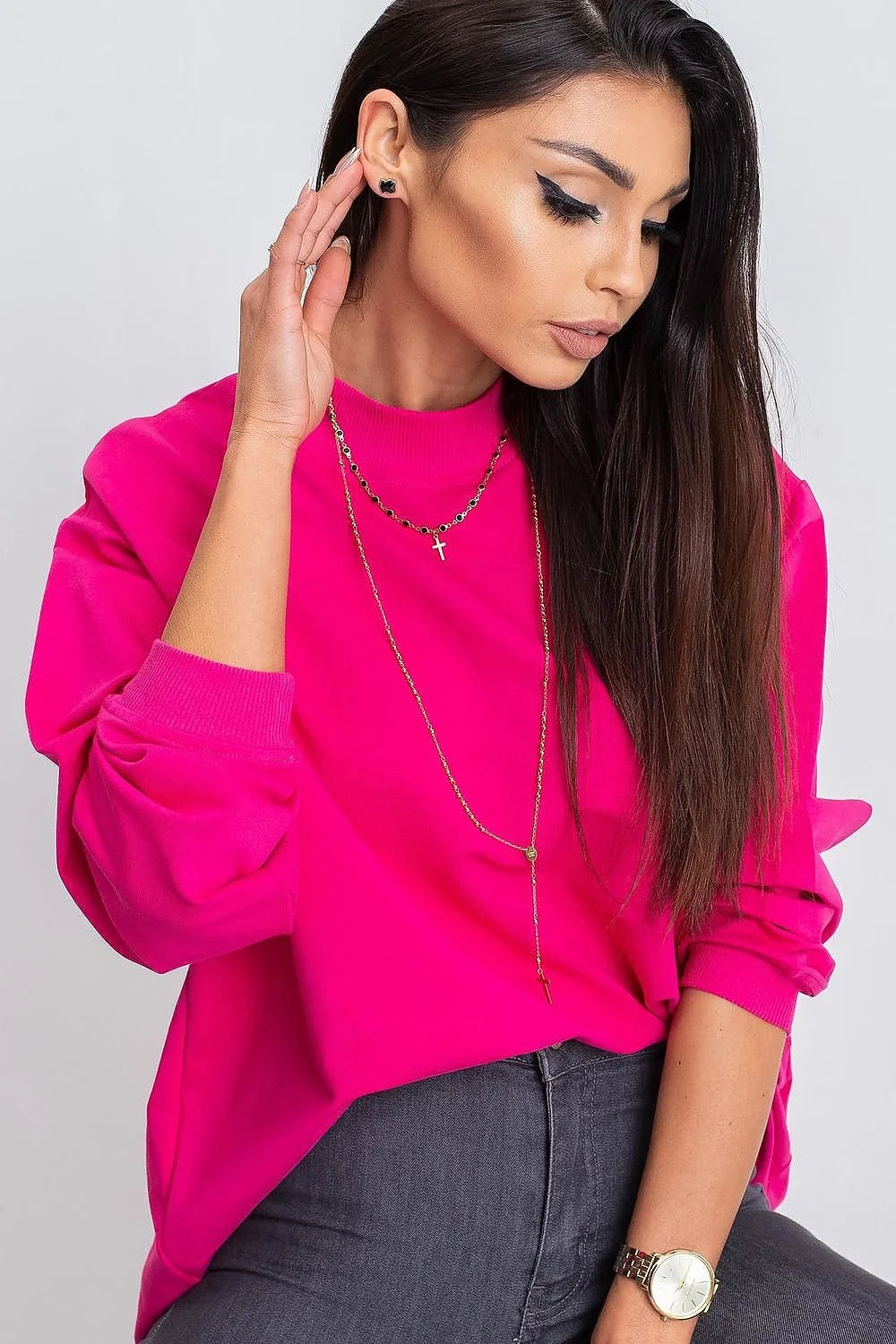 Sweatshirt BFG pour femme en coton 90% élasthanne 10%, style casual oversize, couleur bleu vif, manches longues, col rond côtelé, idéal pour tenues urbaines et décontractées