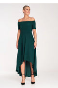 Robe de soirée élégante asymétrique couleur verte émeraude dos nu manches courtes Bardot femmes