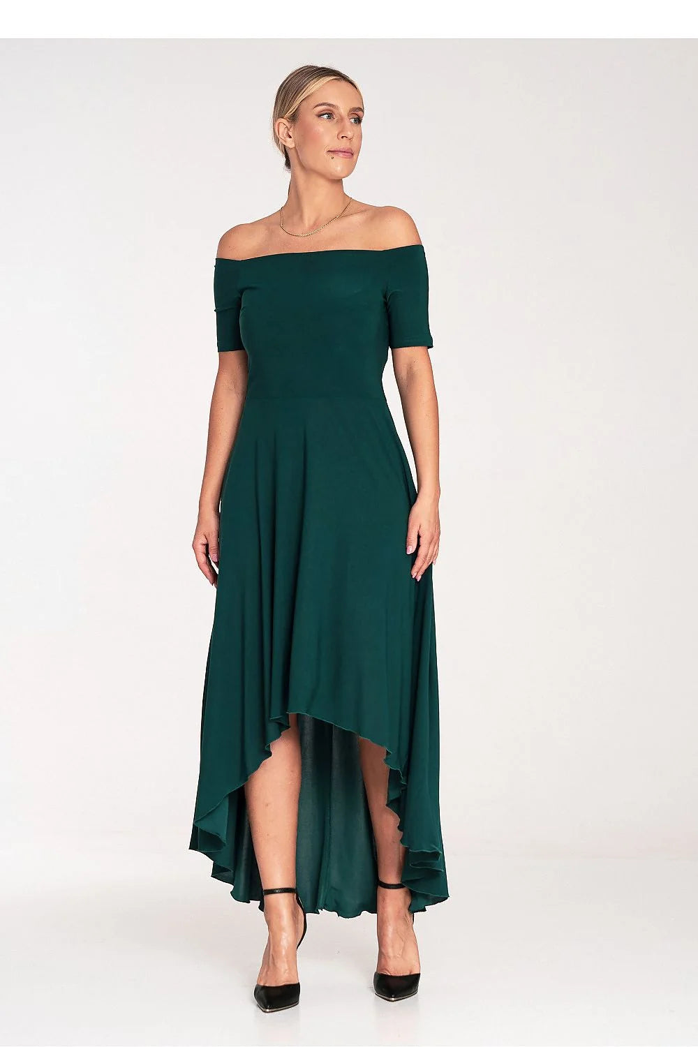Robe de soirée élégante asymétrique couleur verte émeraude dos nu manches courtes Bardot femmes