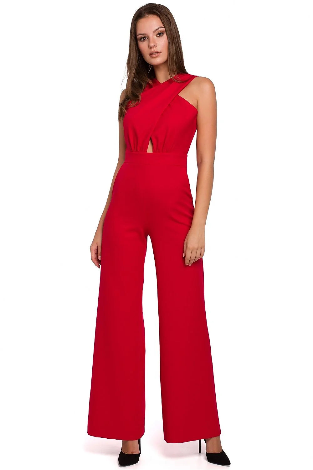 Combinaison pantalon polyester chic rouge vif élégante moderne silhouette ajustée bretelles croisées décolleté femme