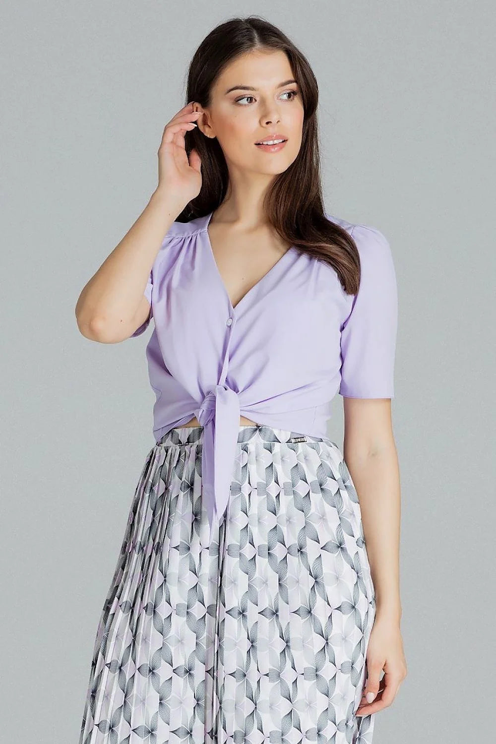 robe femme coton élégante motifs géométriques bleu pastel manches bouffantes décolleté noeud taille jupe plissée midi fluide soyeuse