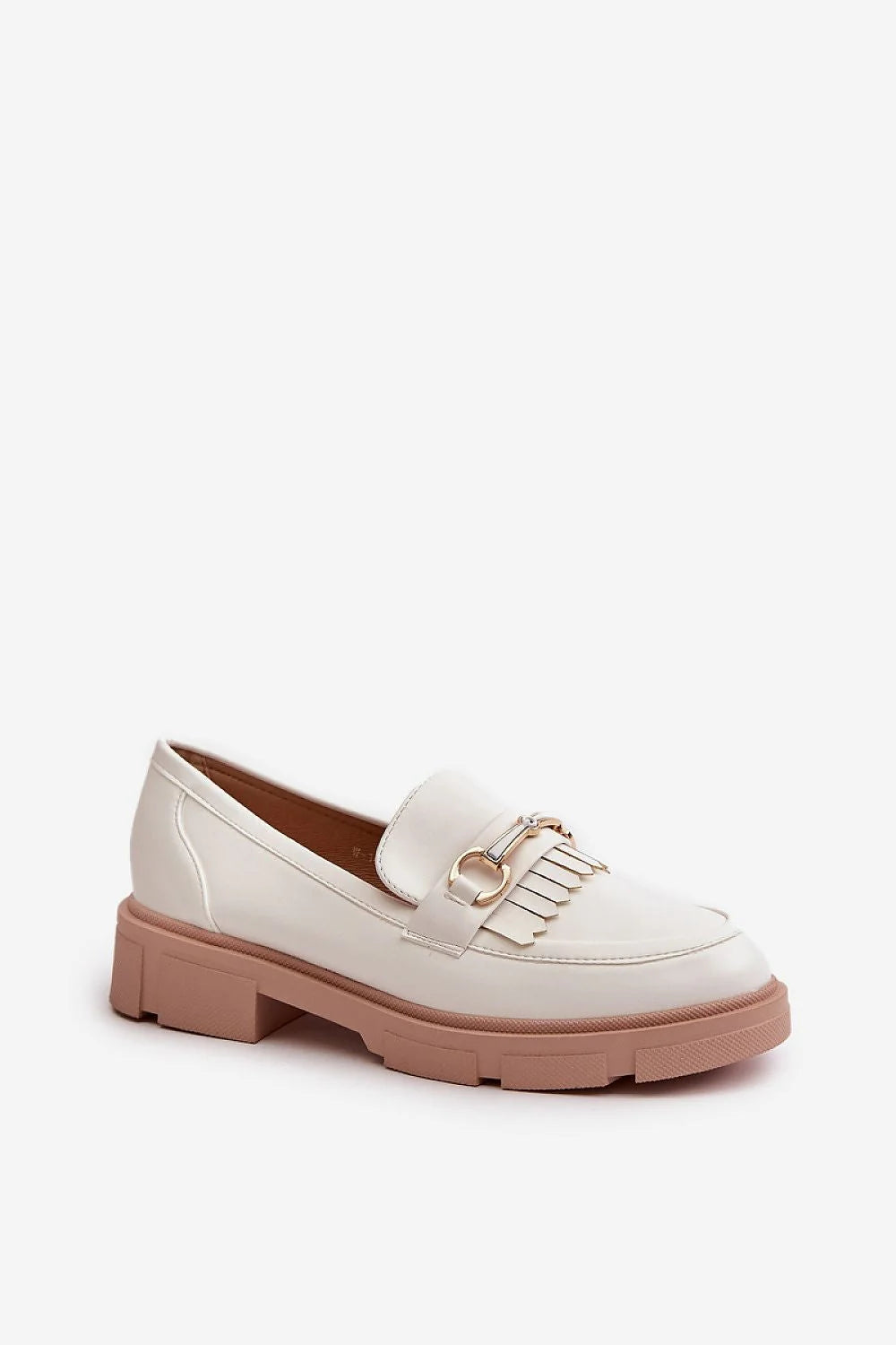 mocassins femmes élégants contemporains design moderne talon plat cuir synthétique doré franges blanc cassé rose pâle semelle caoutchouc confortable