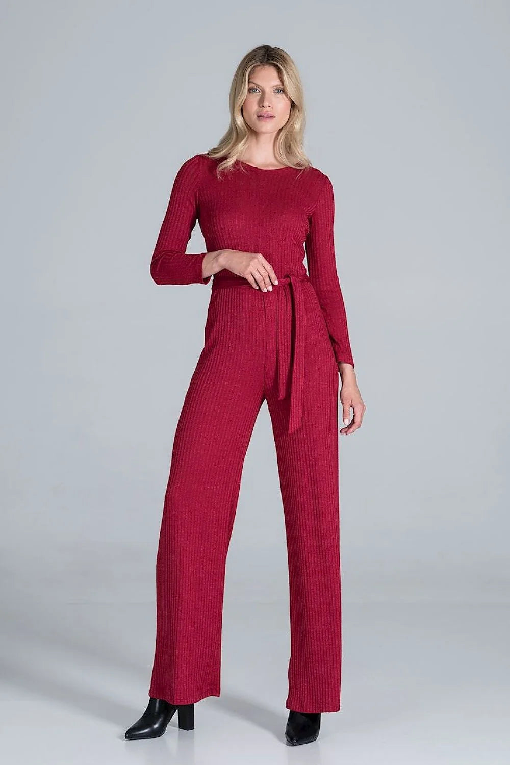 Combinaison élégante maille côtelée bordeaux moderne ajustable manches longues jambes larges ceinture assortie femme