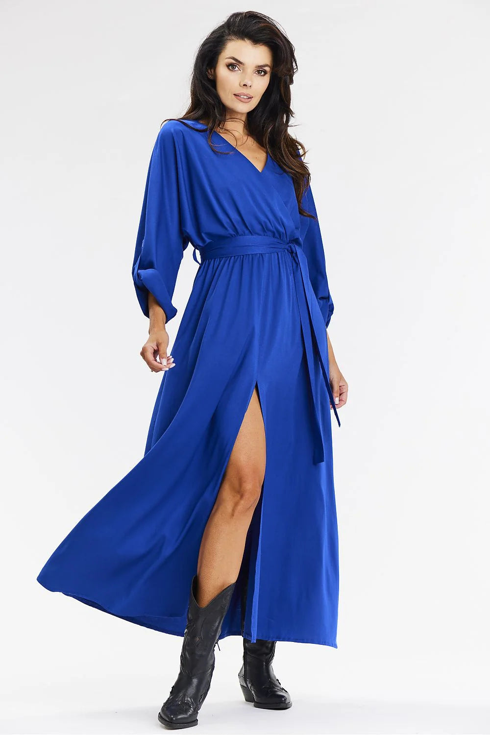 Robe longue pour femme bleu cobalt manches longues encolure V ceinture taille ajustable fente latérale robe élégante pour quotidien et soirées