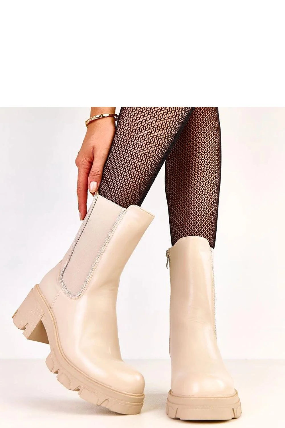 bottines femme chelsea cuir synthétique beige bout rond talon bloc semelle crantée antidérapante bande élastique strass zippée doublure chaude confortable