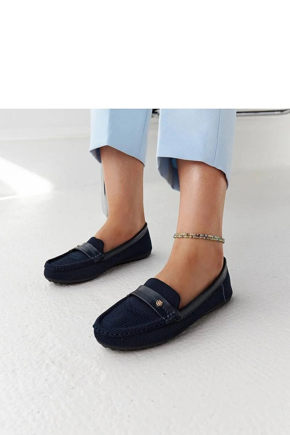 moccasins femme bleu marine maille textile liseré cuir synthétique penny bout arrondi coutures apparentes semelle caoutchouc antidérapante confortable