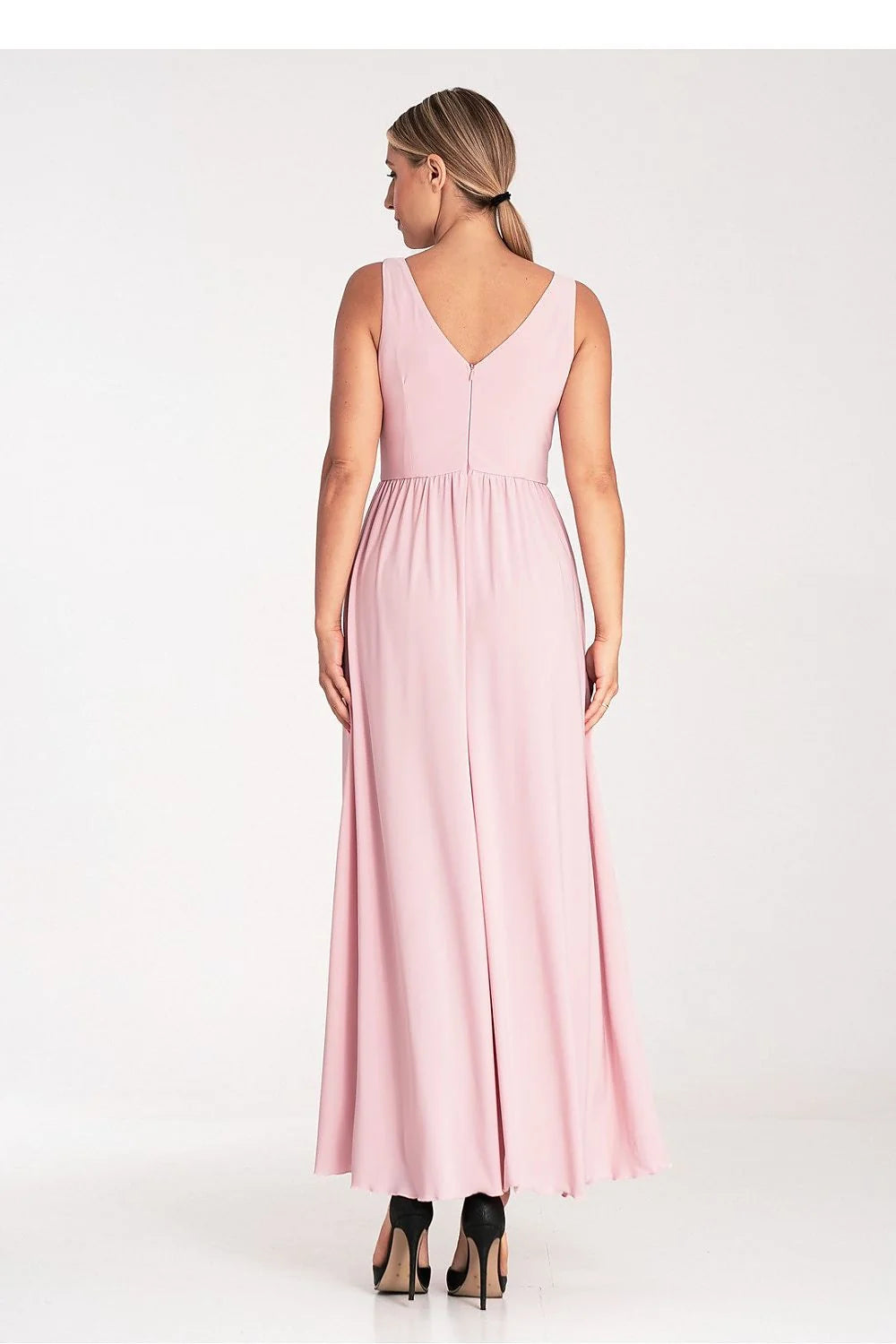 Robe longue élégante pour femmes décolleté V dos nu coupe fluide fente devant taille ajustable polyester elasthanne