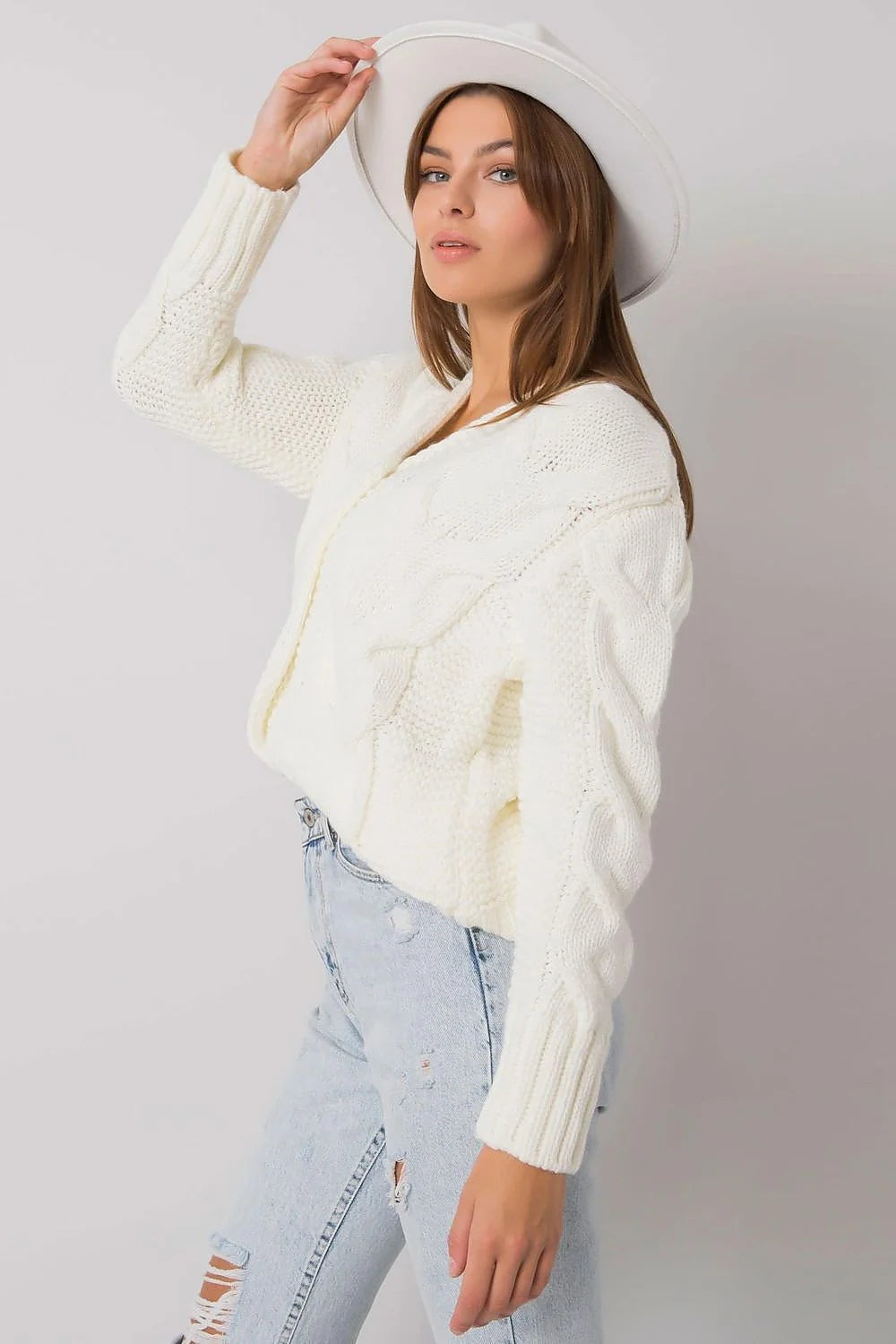 Cardigan Rue Paris moderne texturé V-neck en laine acrylique blanc manches longues boutons bois côtelé coupe ample femmes automne-hiver