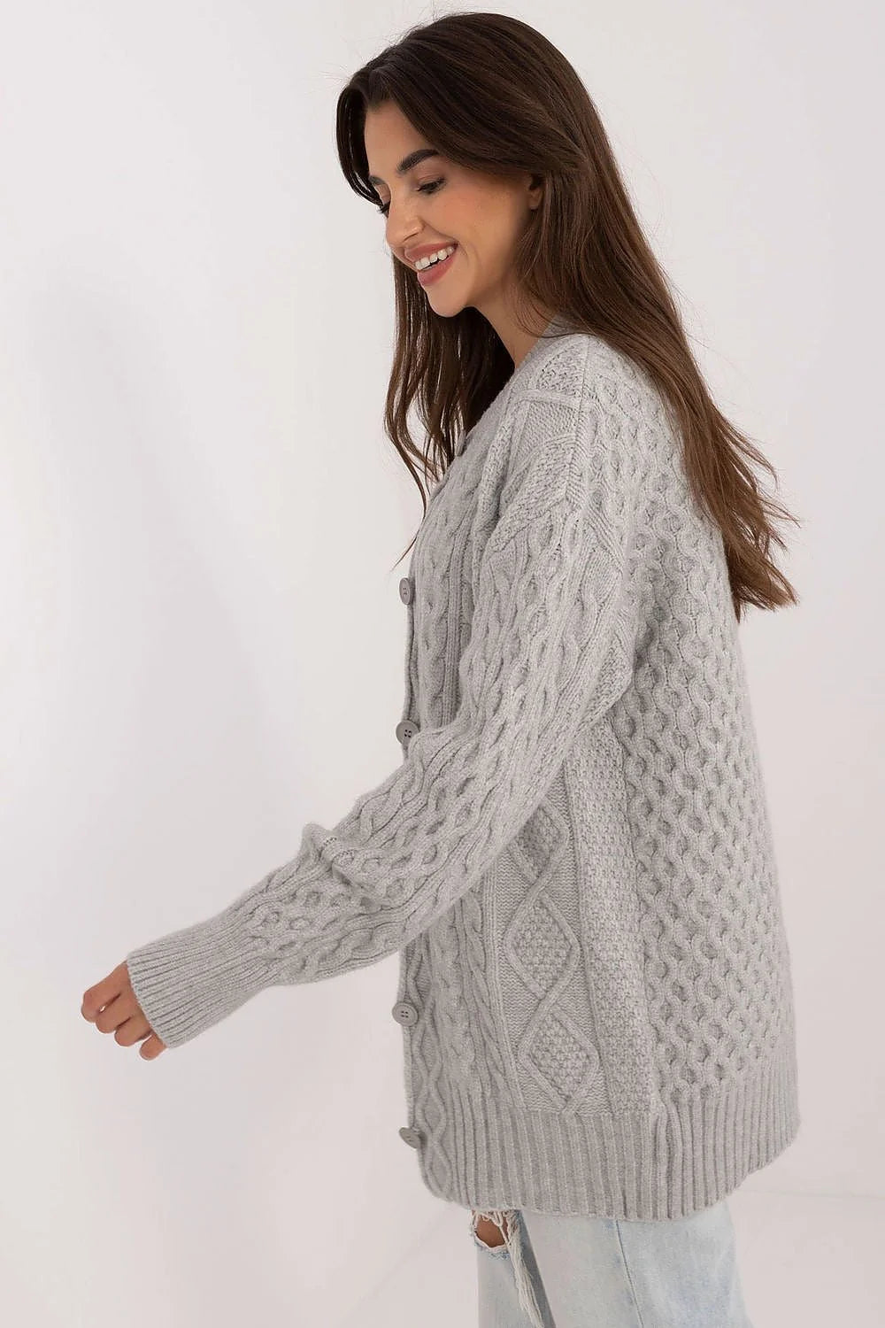 Cardigan femme style décontracté motif torsadé gris matériau tricoté manches longues col rond boutons ton sur ton